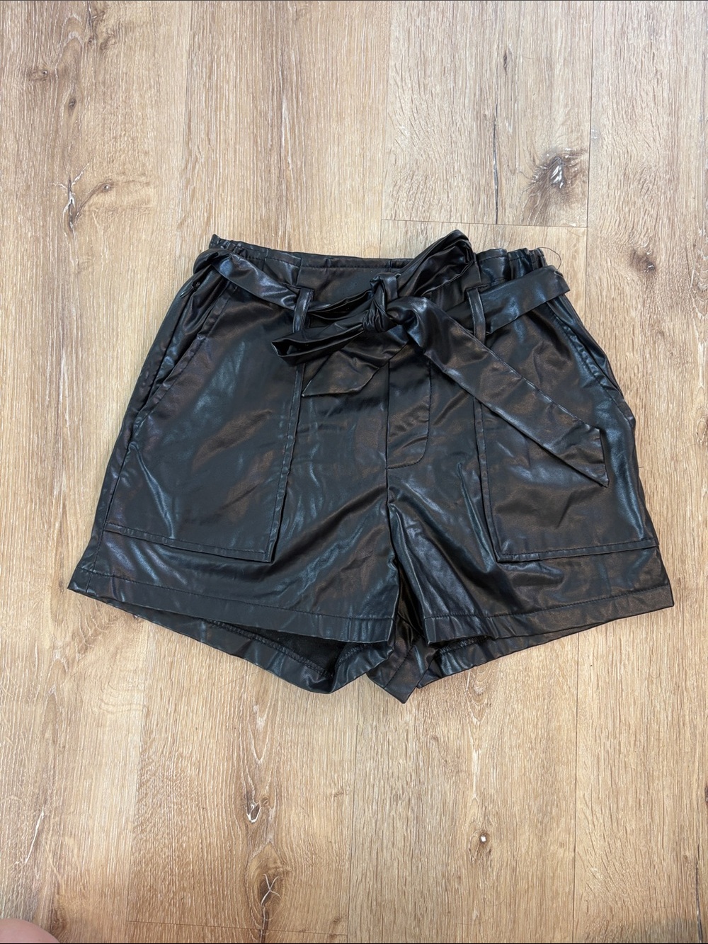 Black High-Waist Leather Tie-Belt Shorts